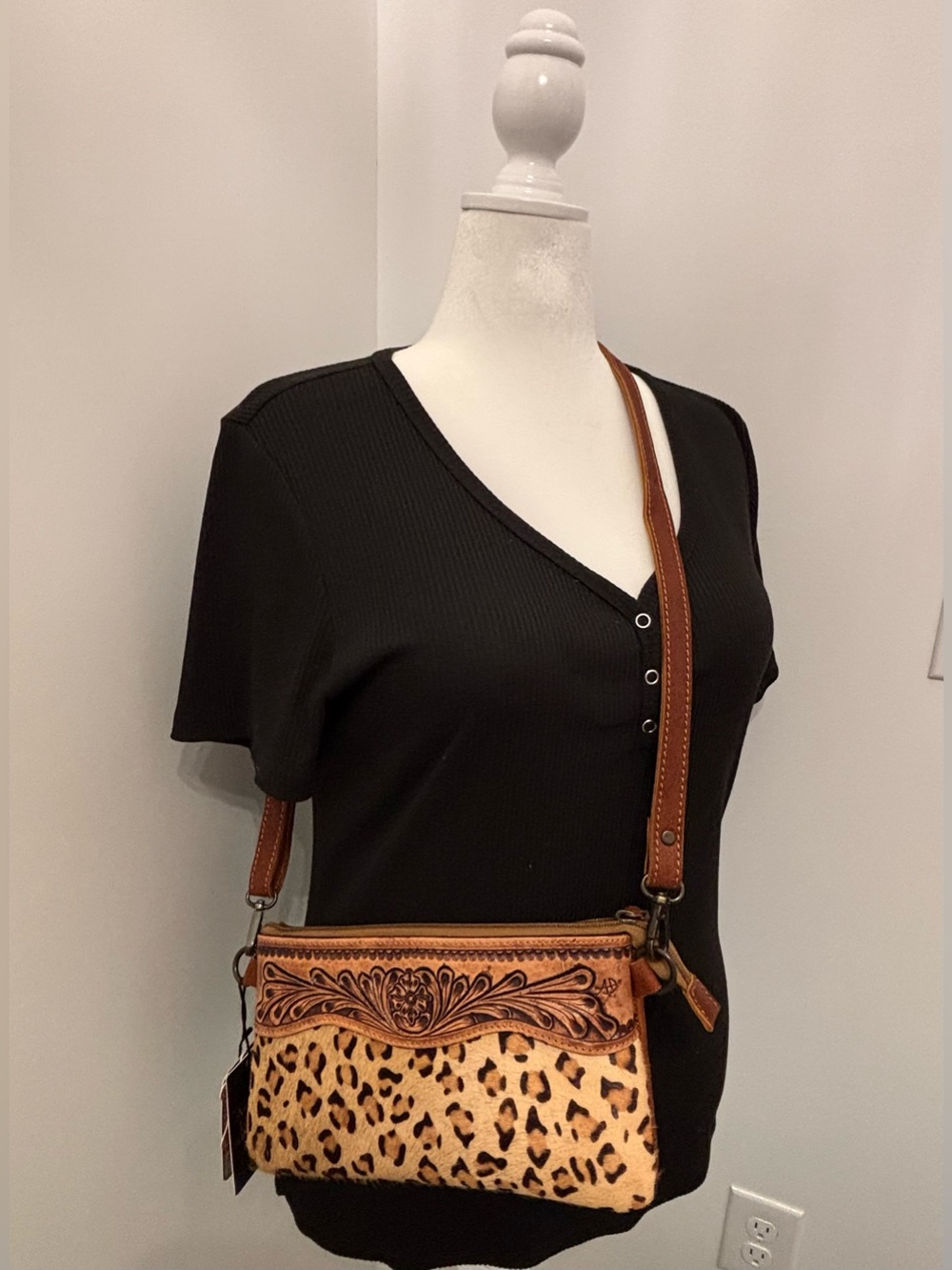 American Darling Leather Tooled Crossbody with Leopard Print Accent - Brown